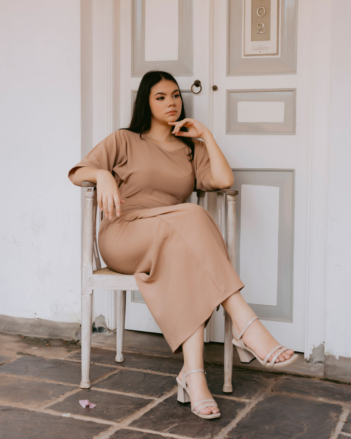 Drop-Shoulder Front Tie-Up Dress
