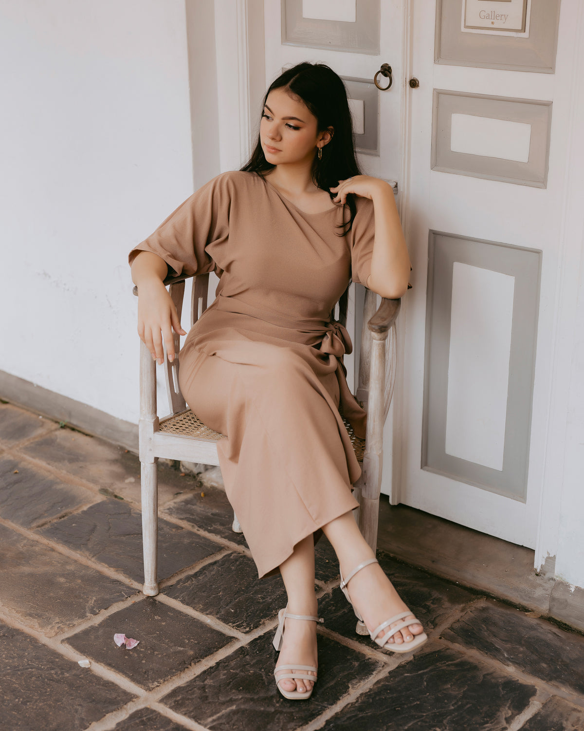 Drop-Shoulder Front Tie-Up Dress