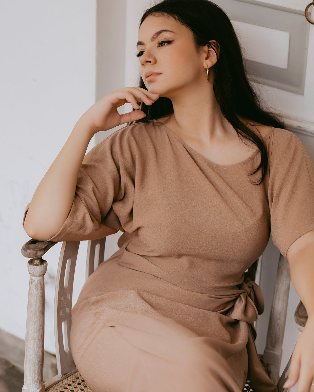 Drop-Shoulder Front Tie-Up Dress
