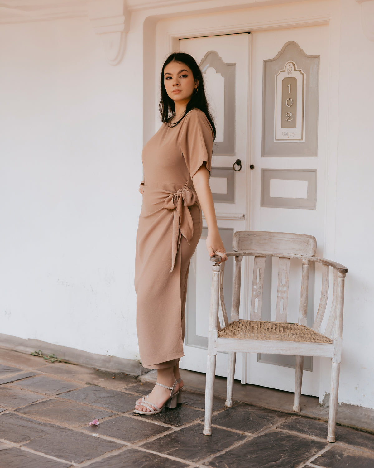 Drop-Shoulder Front Tie-Up Dress