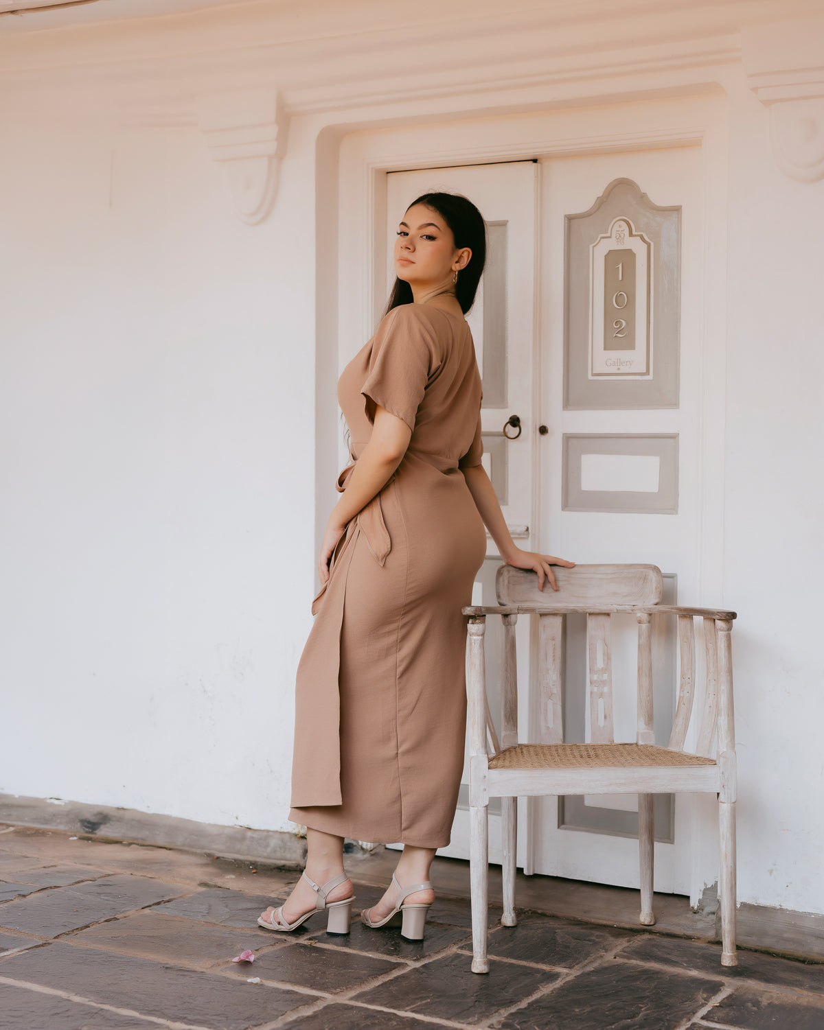 Drop-Shoulder Front Tie-Up Dress