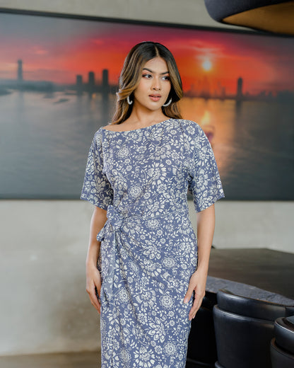 Drop Shoulder Front Knot Printed Dress