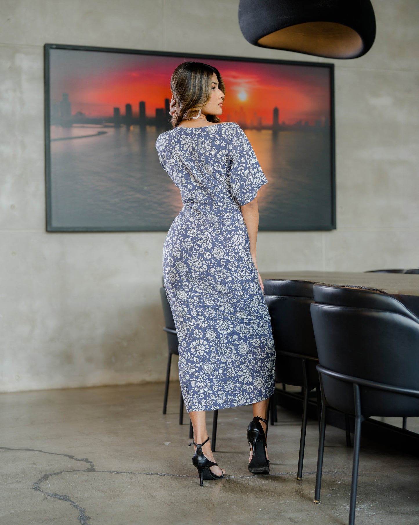 Drop Shoulder Front Knot Printed Dress