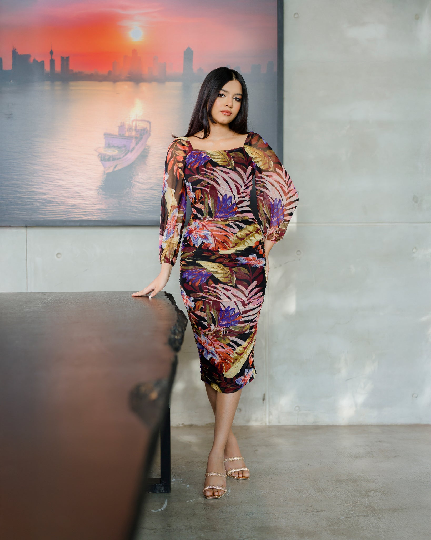 Long Sleeve Gathered Dress