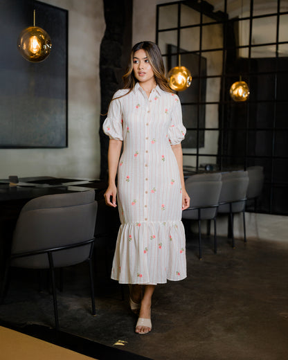 Button Down Linen Embroidered Detail Dress