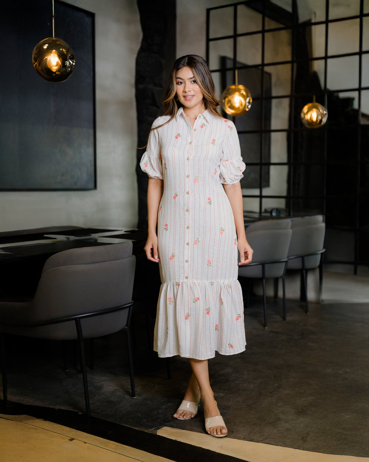 Button Down Linen Embroidered Detail Dress