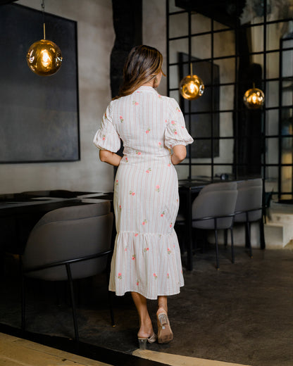 Button Down Linen Embroidered Detail Dress