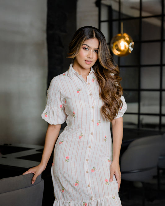 Button Down Linen Embroidered Detail Dress