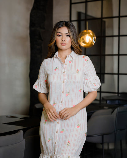 Button Down Linen Embroidered Detail Dress