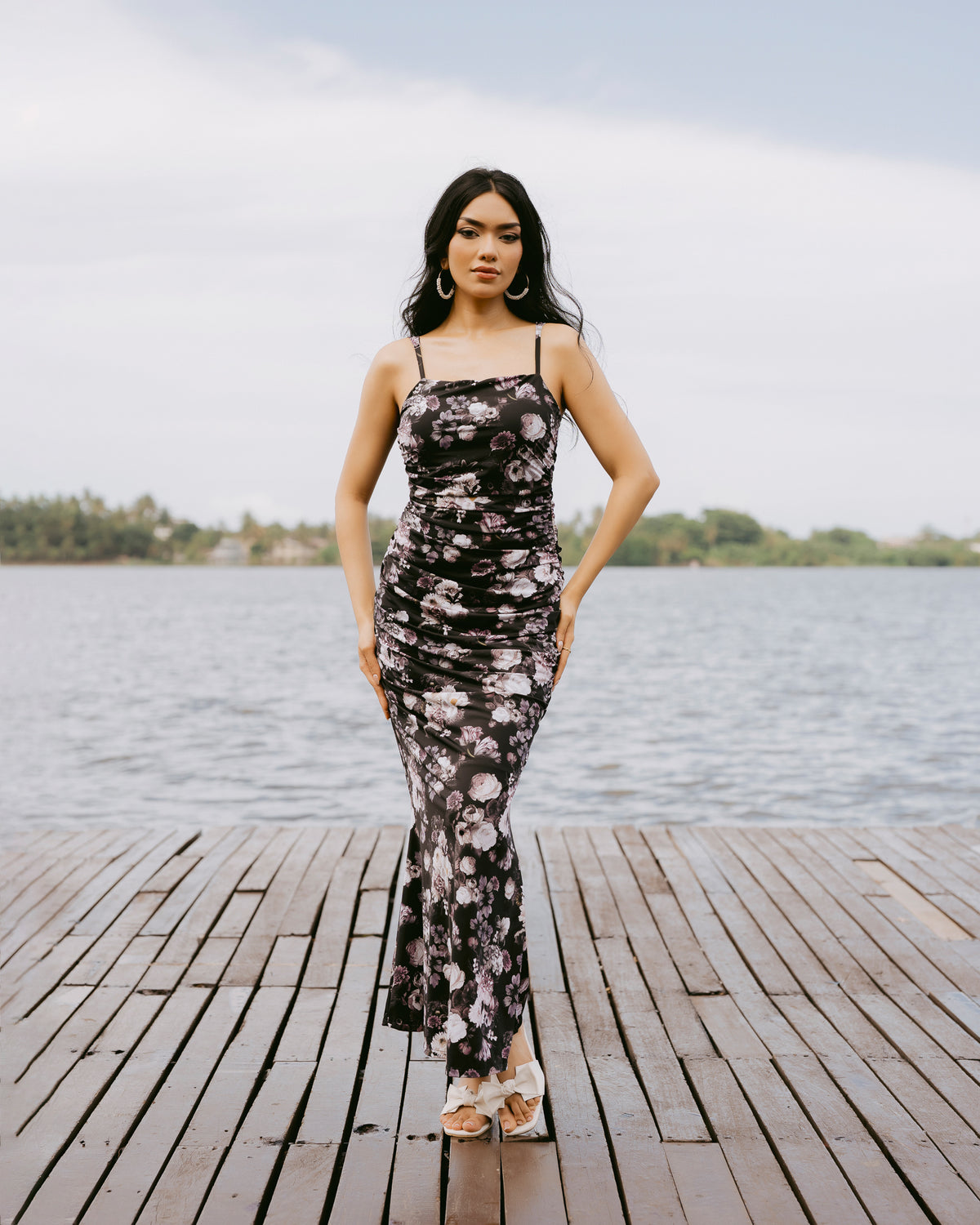 Floral Print Strappy Gathered Dress