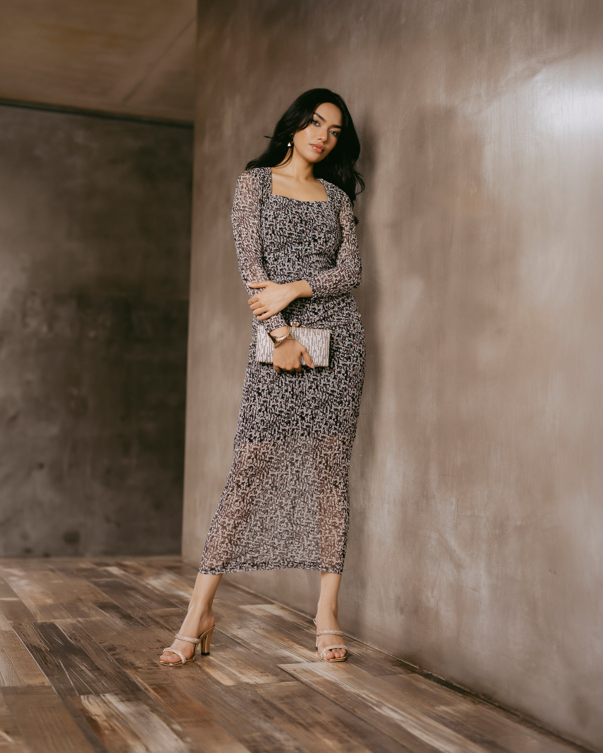 Long-Sleeve Mesh Dress