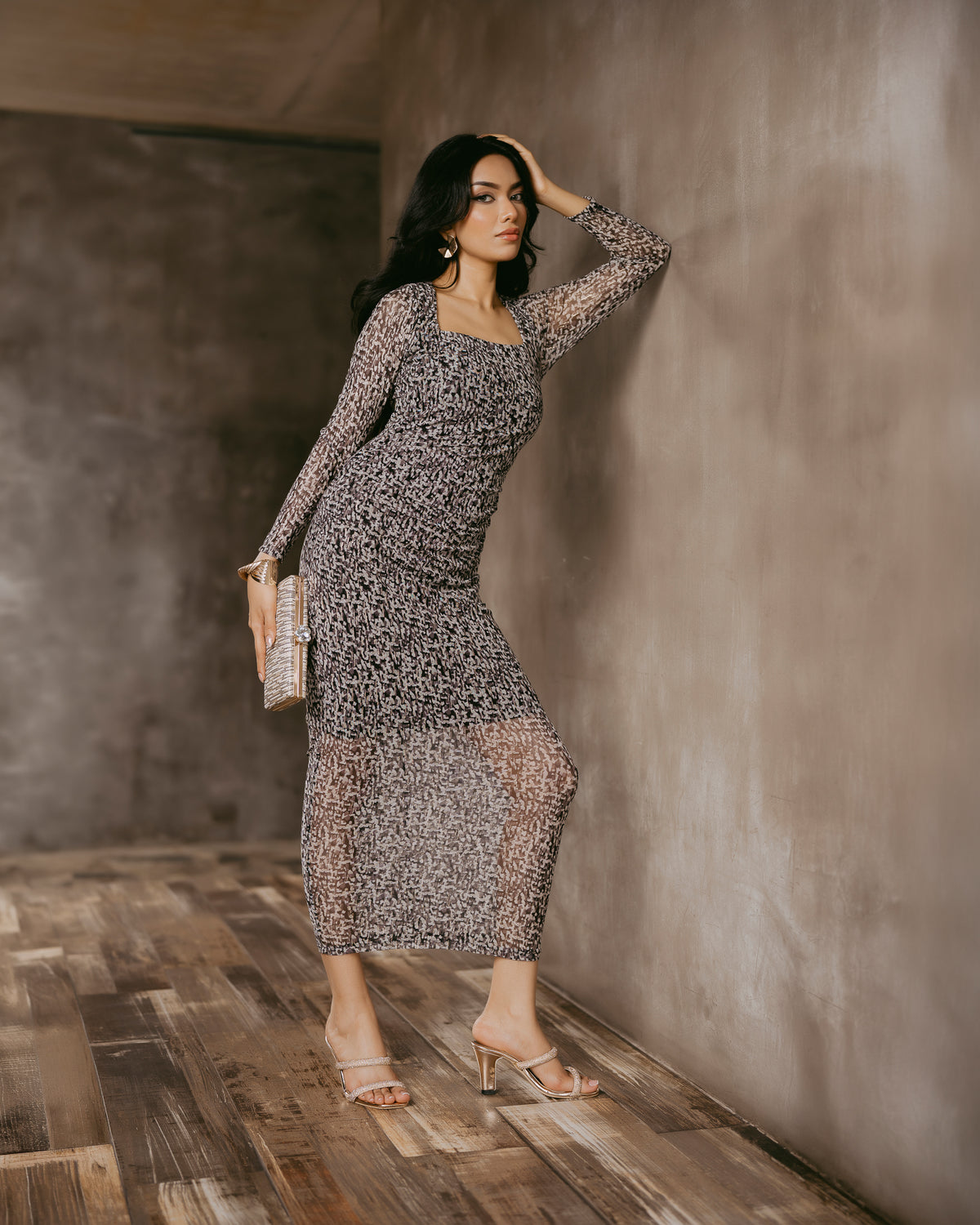 Long-Sleeve Mesh Dress