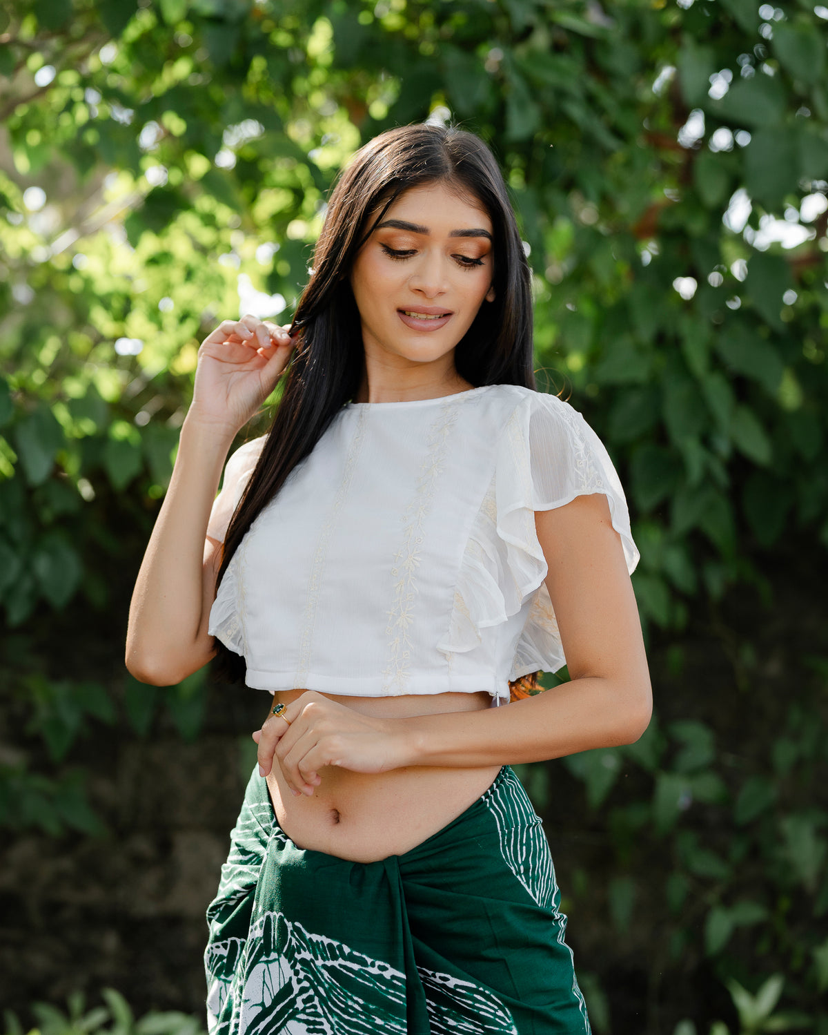Ruffle Hem Embroidered Crop Top