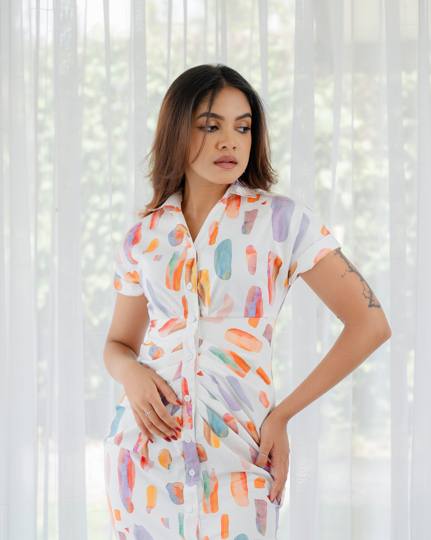 Button Down Front Gathered Dress