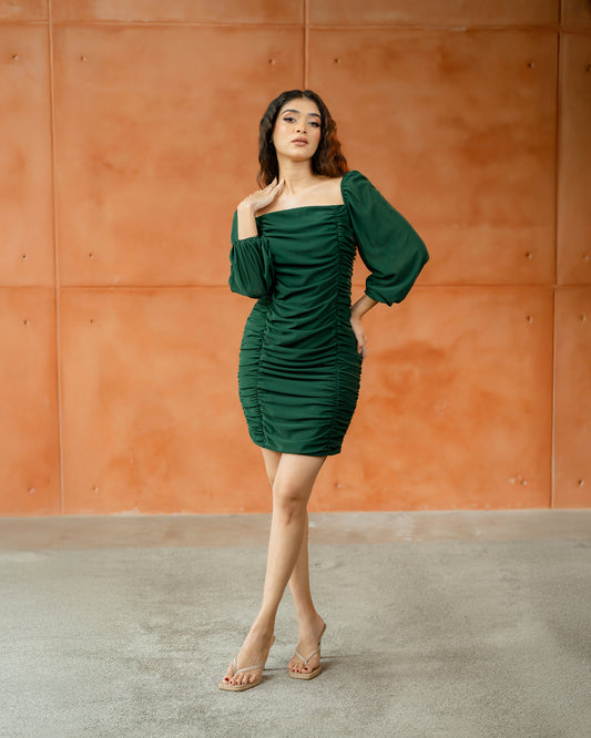 Side Gathering Long Sleeve Dress