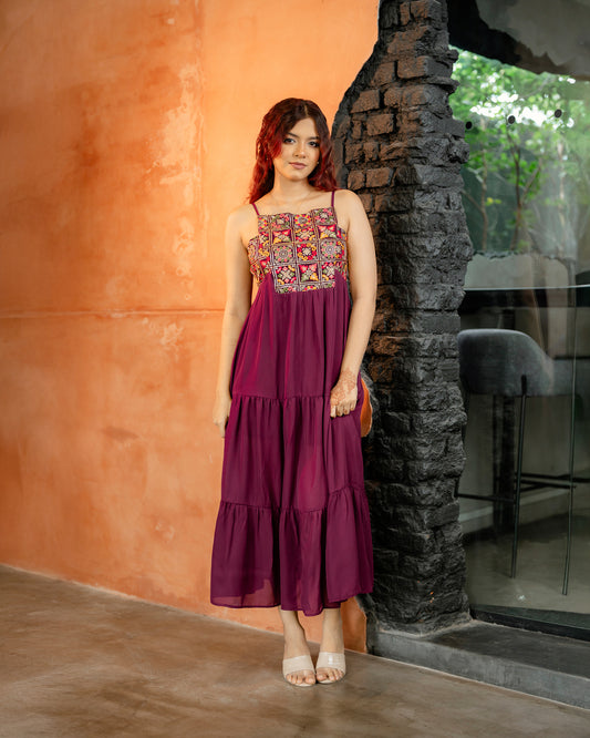 Gold Detail Strappy Ruffle Hem Dress