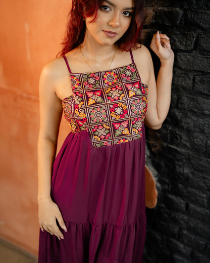 Gold Detail Strappy Ruffle Hem Dress