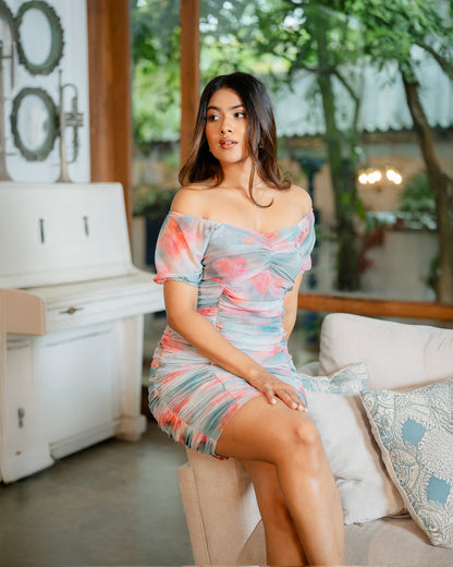 Gathered Ruched Mesh Bodycon Dress