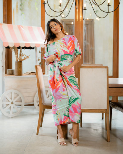 Drop Shoulder Front Knot Printed Dress