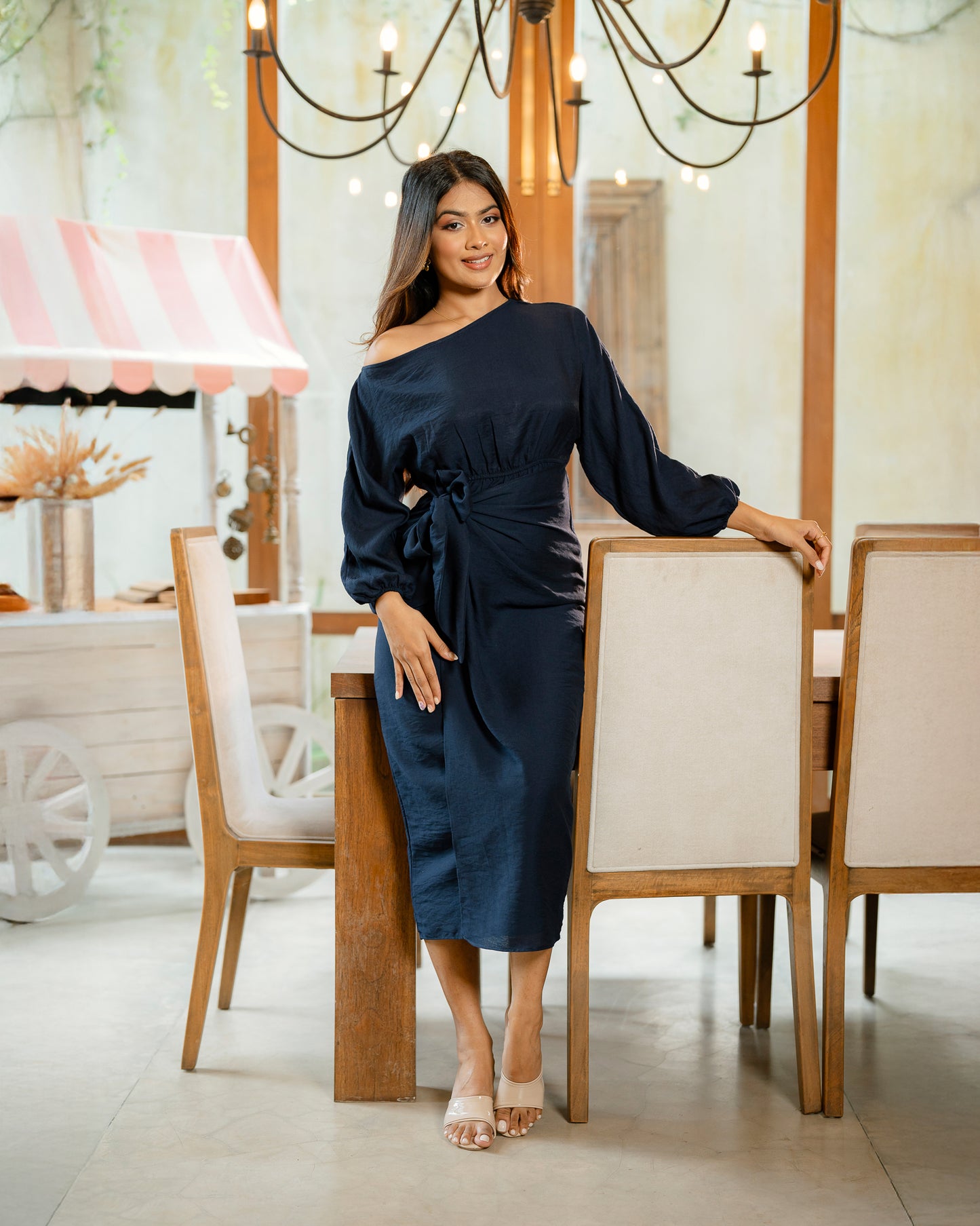 Drop Shoulder Long Sleeve Front Knot Dress