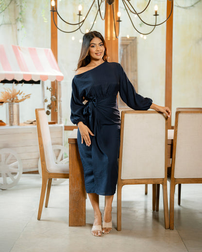 Drop Shoulder Long Sleeve Front Knot Dress