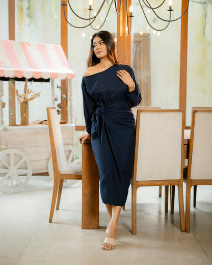 Drop Shoulder Long Sleeve Front Knot Dress