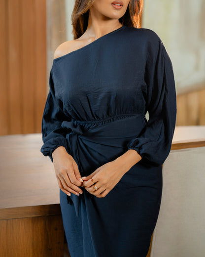 Drop Shoulder Long Sleeve Front Knot Dress