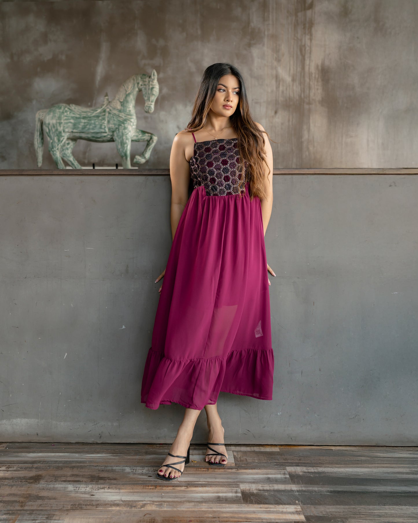 Gold Detail Strappy Ruffle Hem Dress