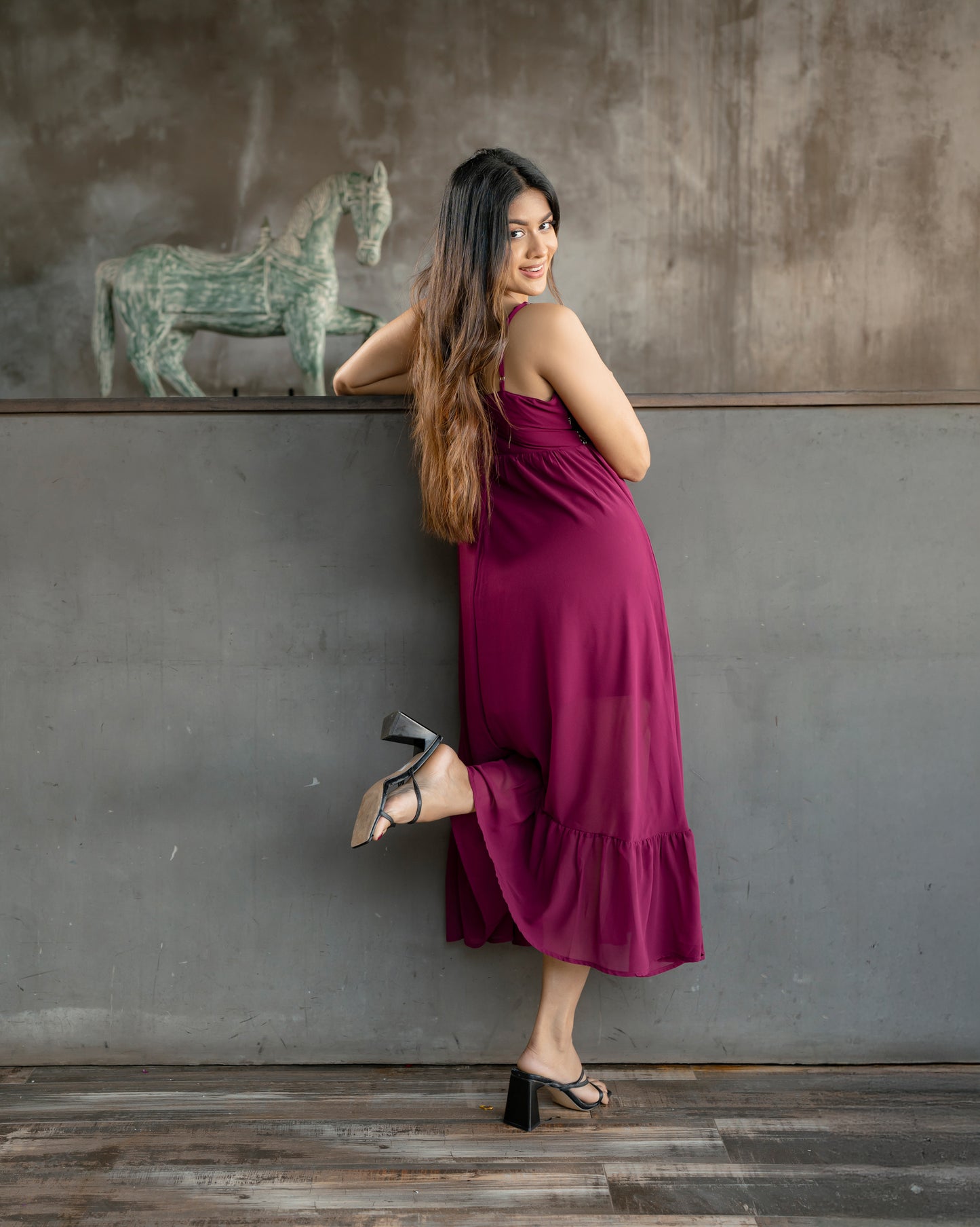 Gold Detail Strappy Ruffle Hem Dress