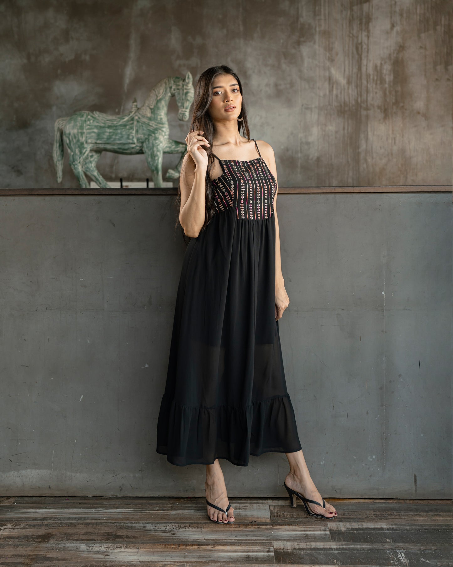 Gold Detail Strappy Ruffle Hem Dress