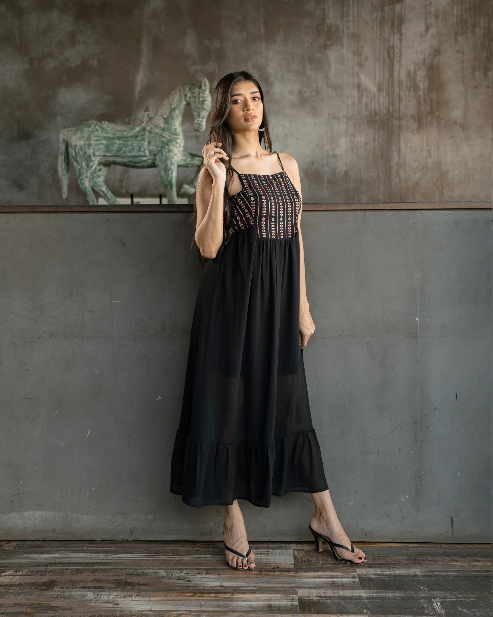 Gold Detail Strappy Ruffle Hem Dress