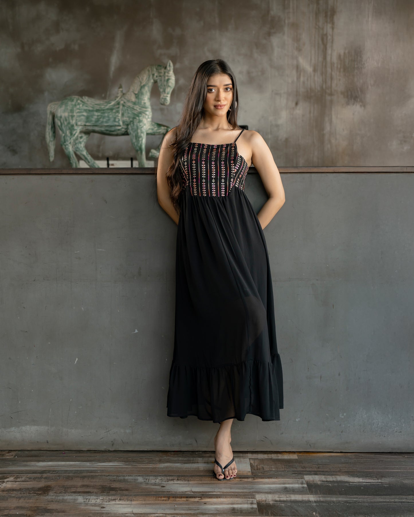 Gold Detail Strappy Ruffle Hem Dress