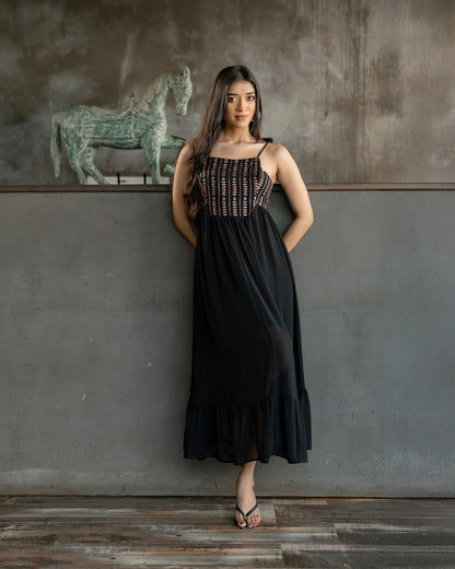 Gold Detail Strappy Ruffle Hem Dress