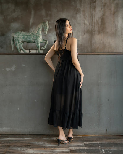 Gold Detail Strappy Ruffle Hem Dress