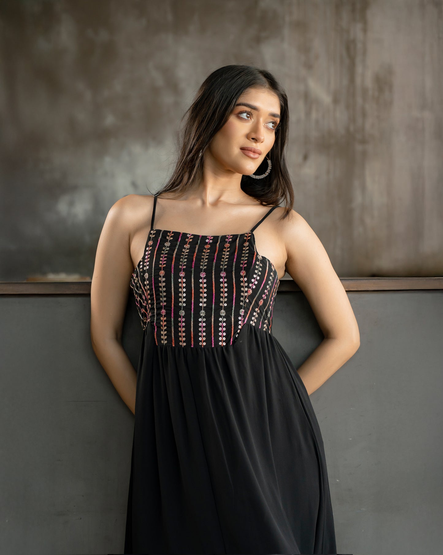 Gold Detail Strappy Ruffle Hem Dress