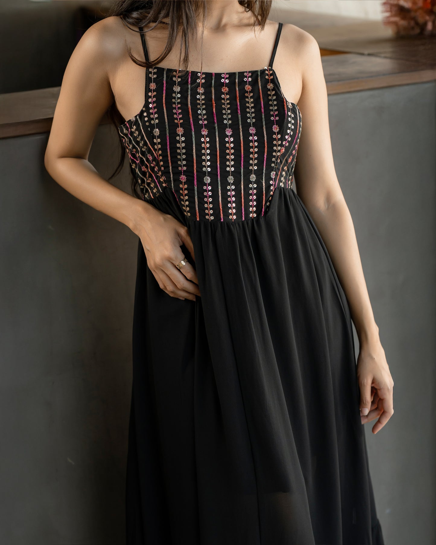 Gold Detail Strappy Ruffle Hem Dress