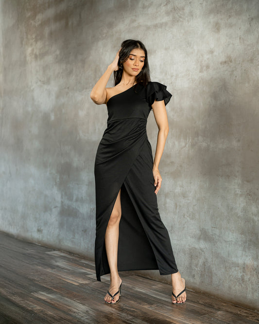 Ruffle Sleeve One Shoulder Long Dress