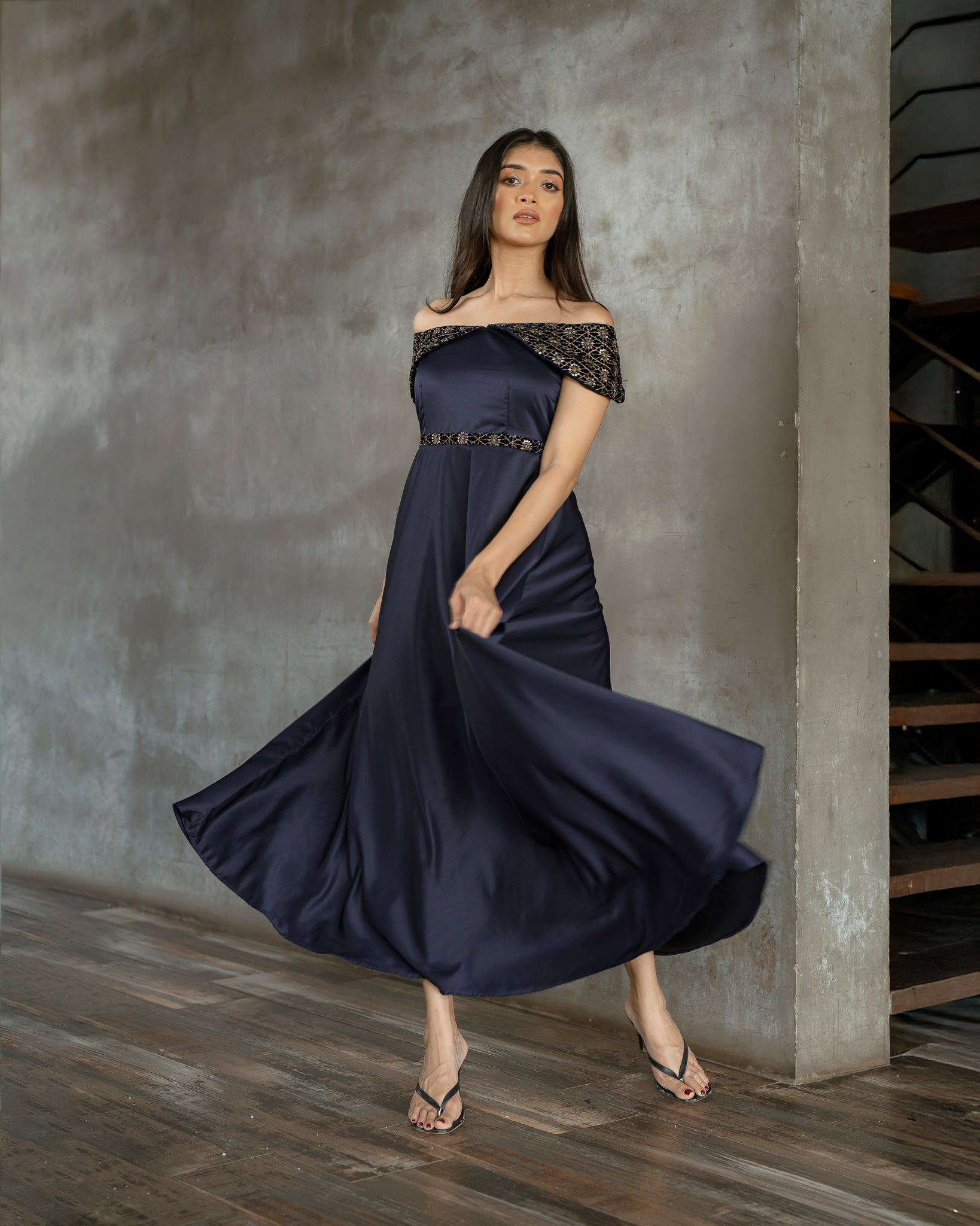 Drop Shoulder Gold Detail Dress
