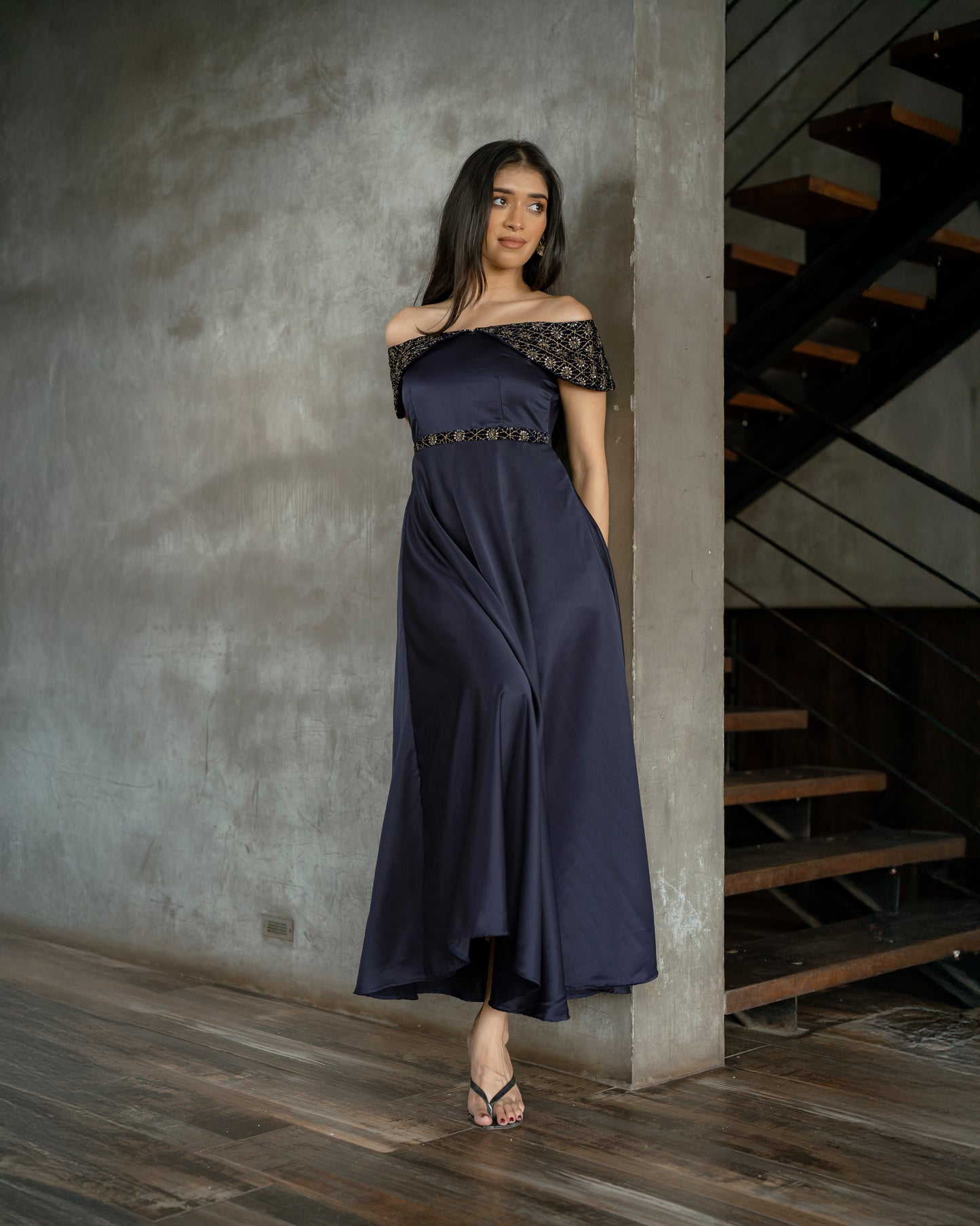 Drop Shoulder Gold Detail Dress