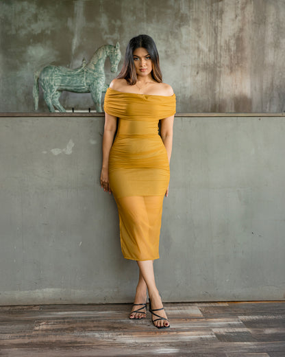 Mesh Drop Shoulder Gathering Dress