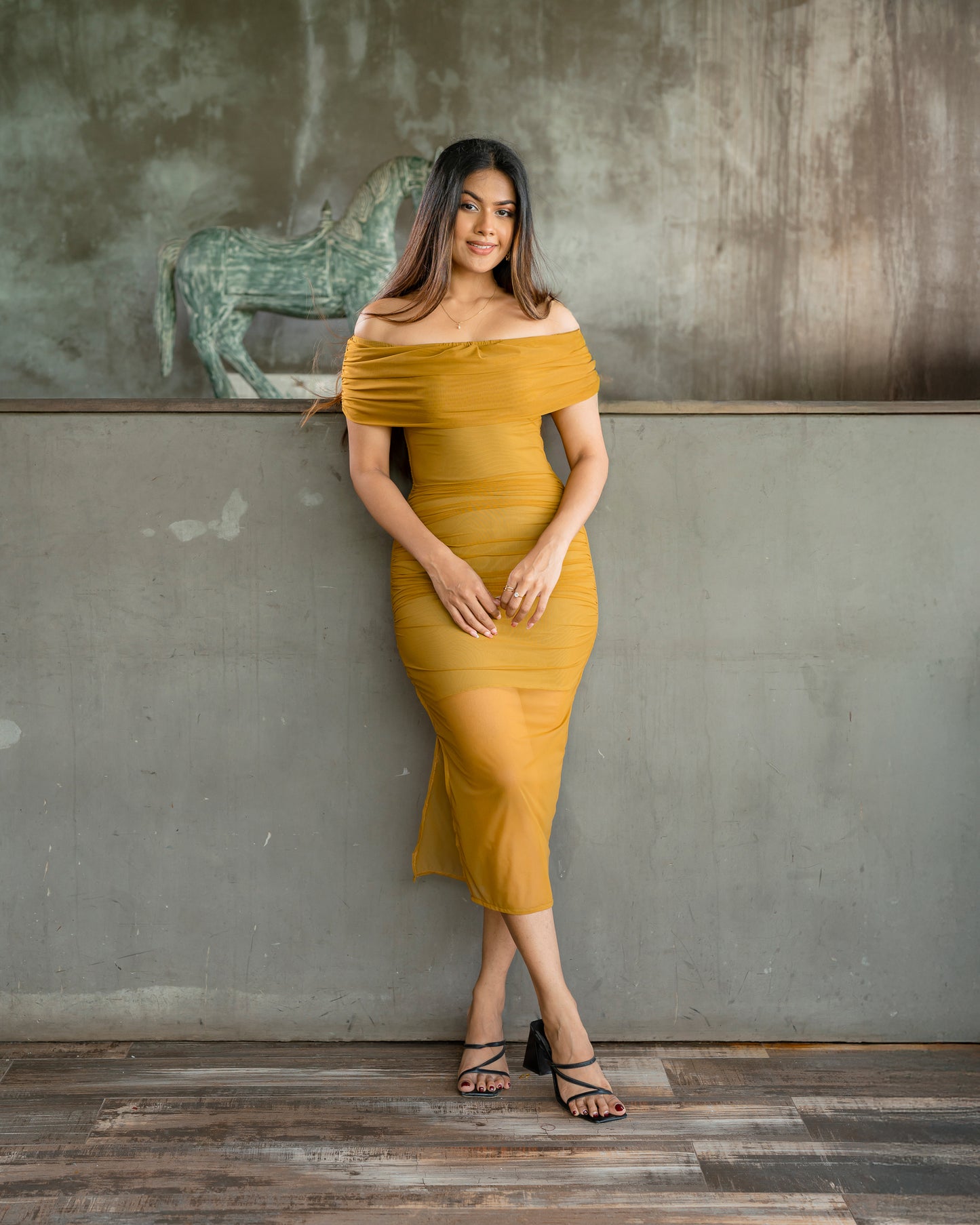 Mesh Drop Shoulder Gathering Dress