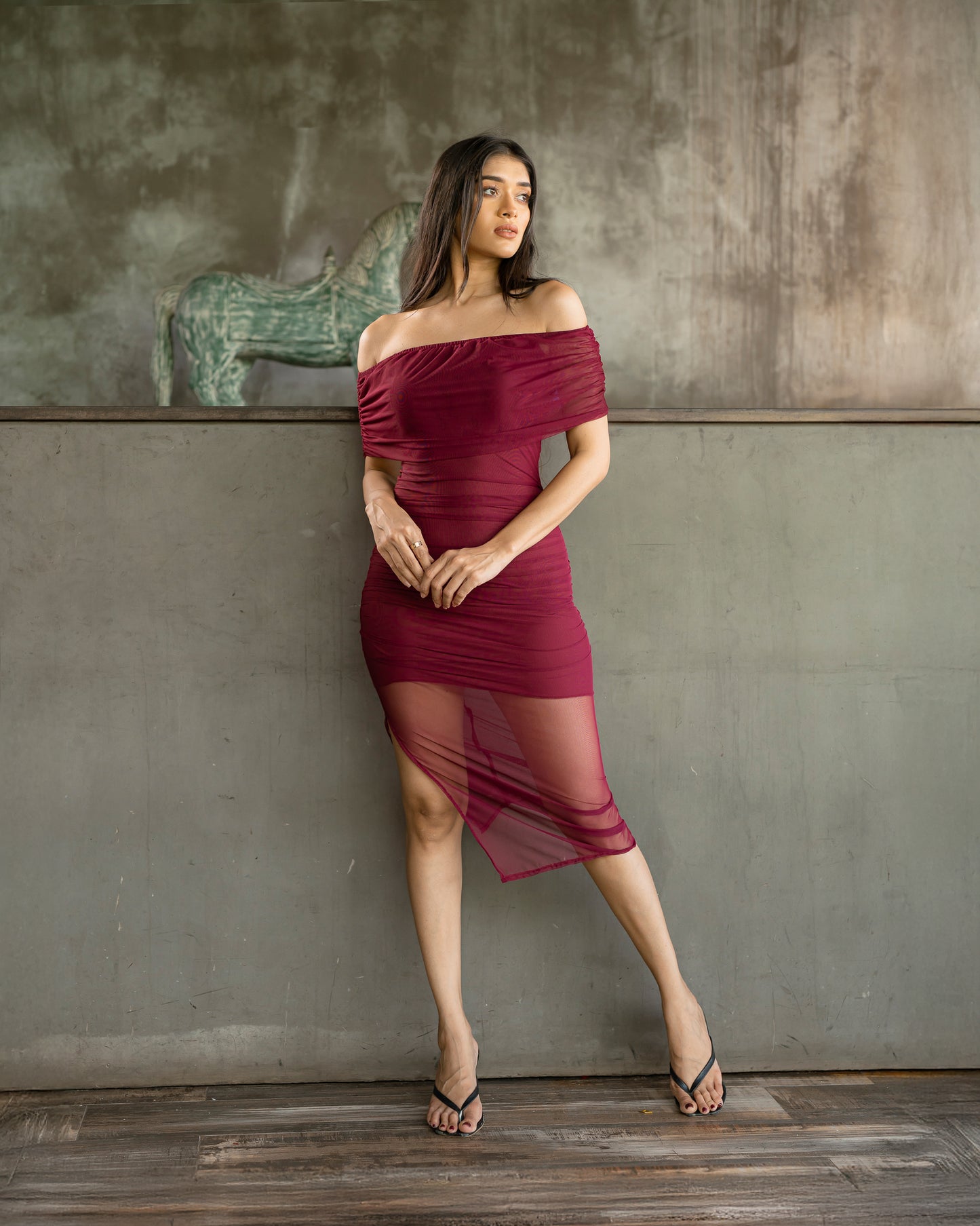 Mesh Drop Shoulder Gathering Dress