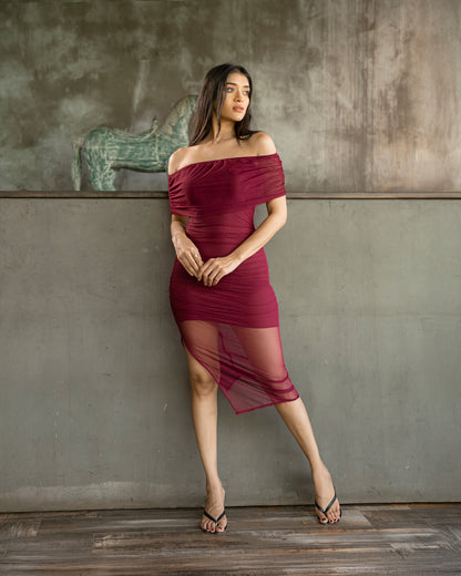 Mesh Drop Shoulder Gathering Dress