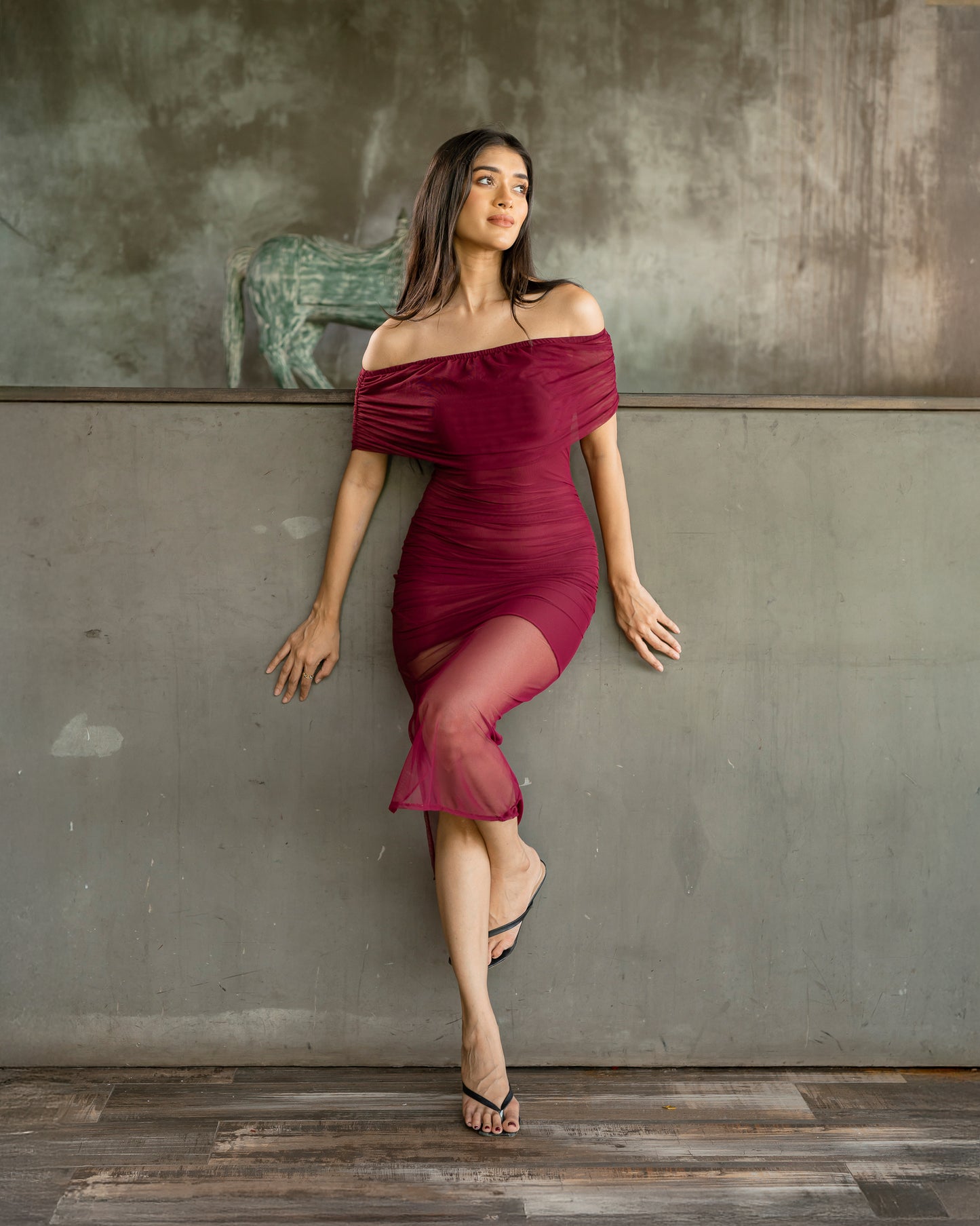 Mesh Drop Shoulder Gathering Dress