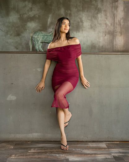 Mesh Drop Shoulder Gathering Dress