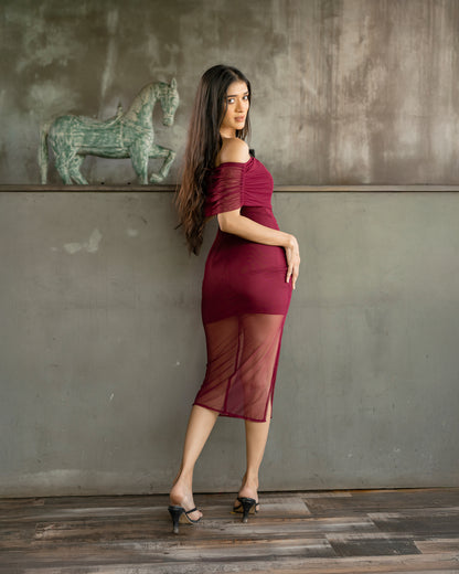 Mesh Drop Shoulder Gathering Dress