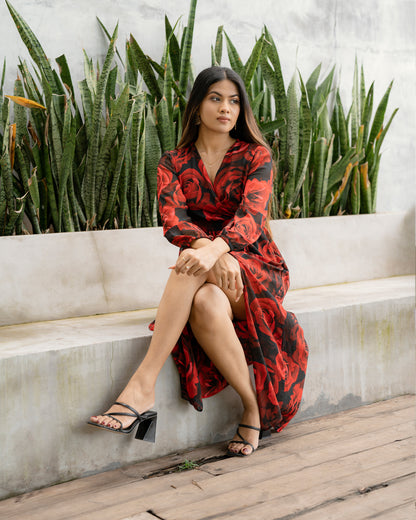 Surplice Neckline Roses Printed Maxi Dress