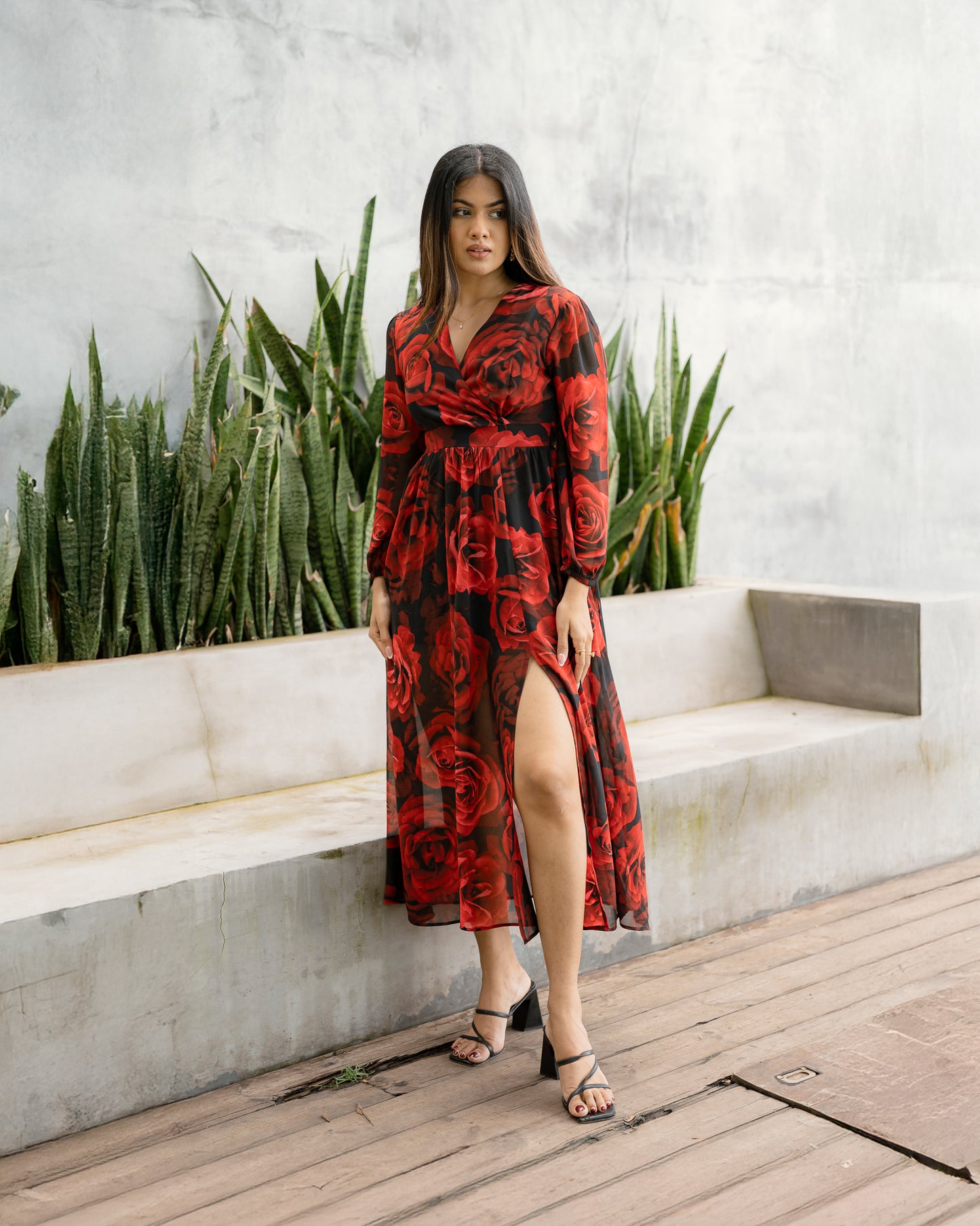 Surplice Neckline Roses Printed Maxi Dress