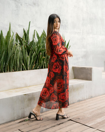 Surplice Neckline Roses Printed Maxi Dress