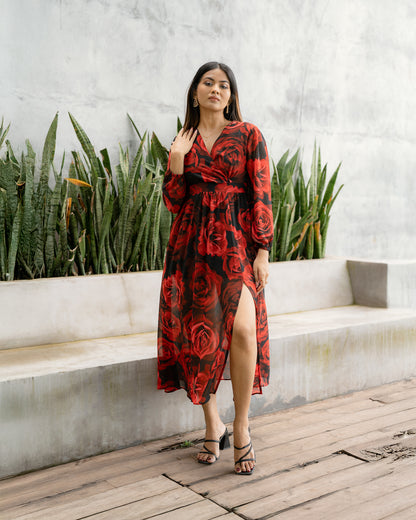 Surplice Neckline Roses Printed Maxi Dress